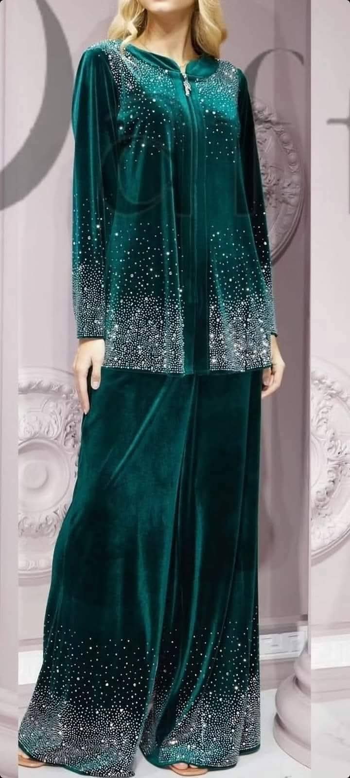 Green stone work velvet set