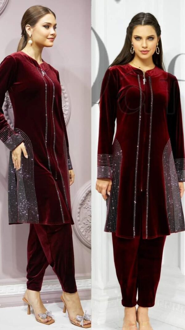 Korian Velvet and Stone Work Stylish Suit Set Long - Image 2