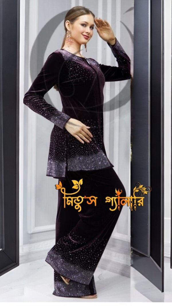 Korian Velvet and Stone Work Stylish Suit Set - Image 2