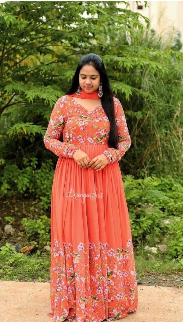 Beauty Queen Orange Digitally Floral Printed Anarkali Suit